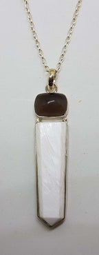 Sterling Silver Long White Scolecite with Cabochon Cut Smokey Quartz Pendant on Silver Chain