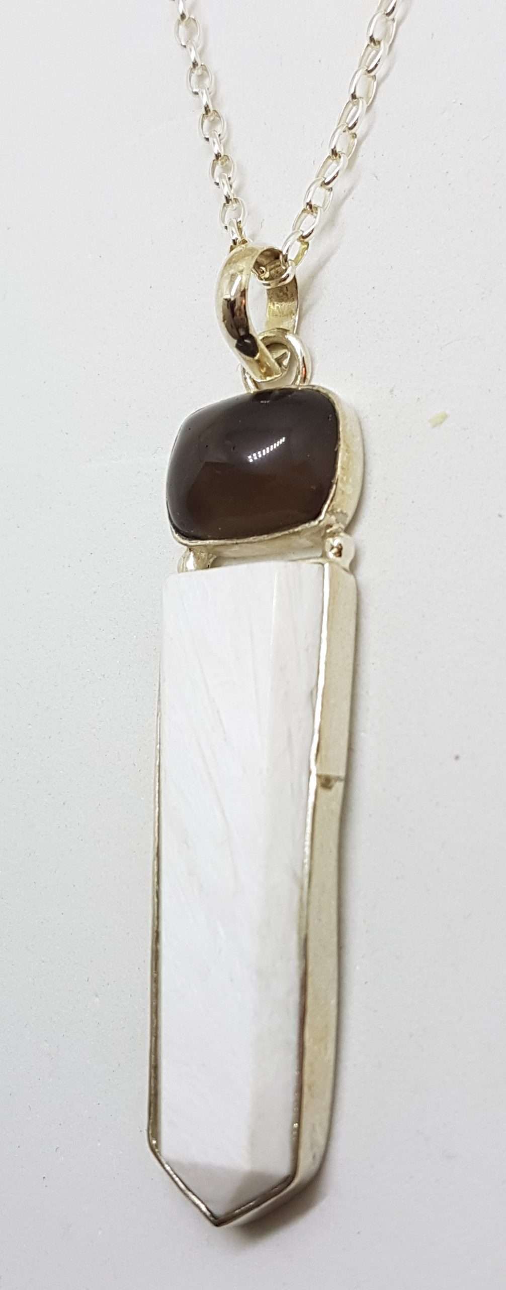 Sterling Silver Long White Scolecite with Cabochon Cut Smokey Quartz Pendant on Silver Chain