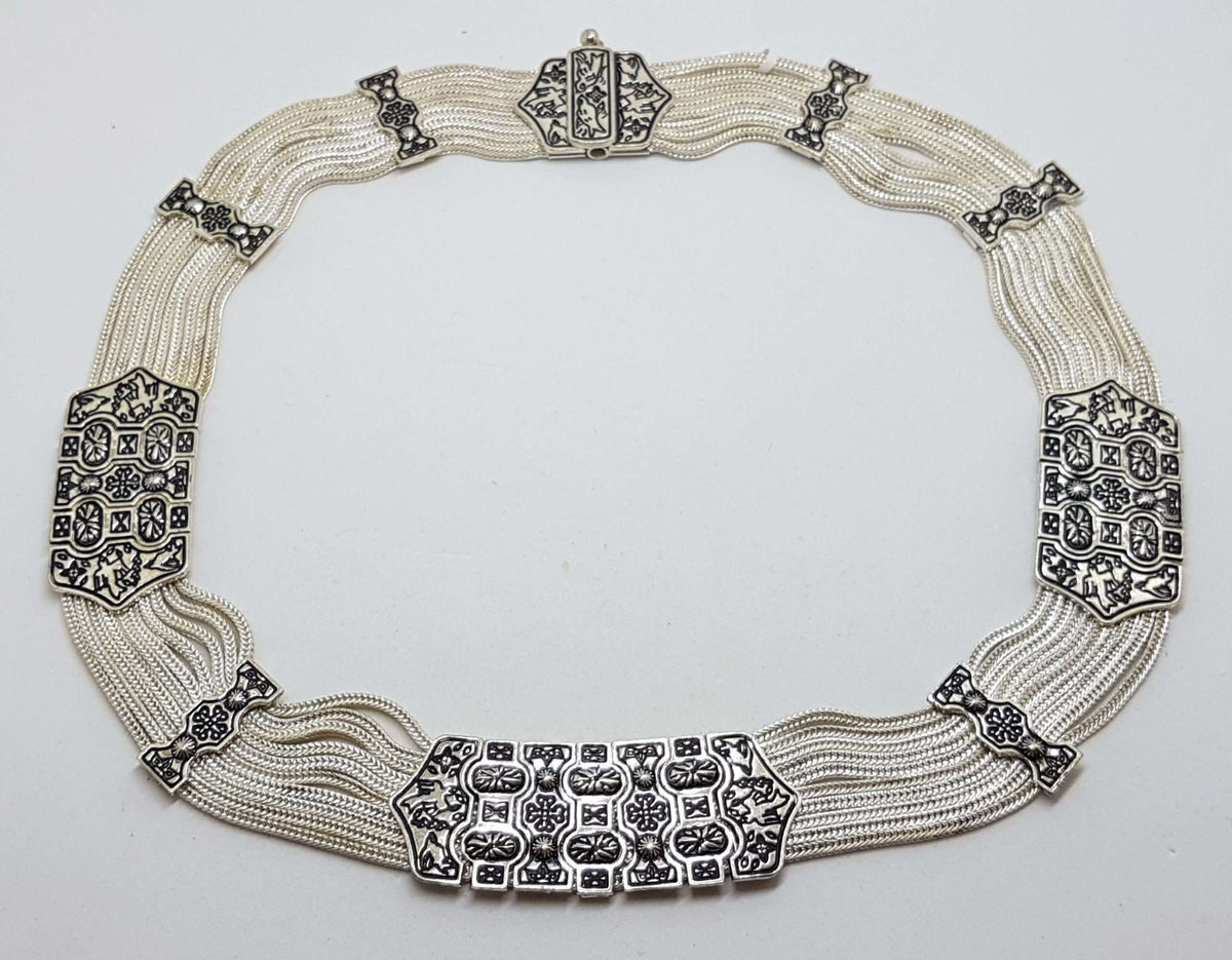 Sterling Silver Wide Multiple Chain with Ornate Design Collier Chain / Necklace - Turkish