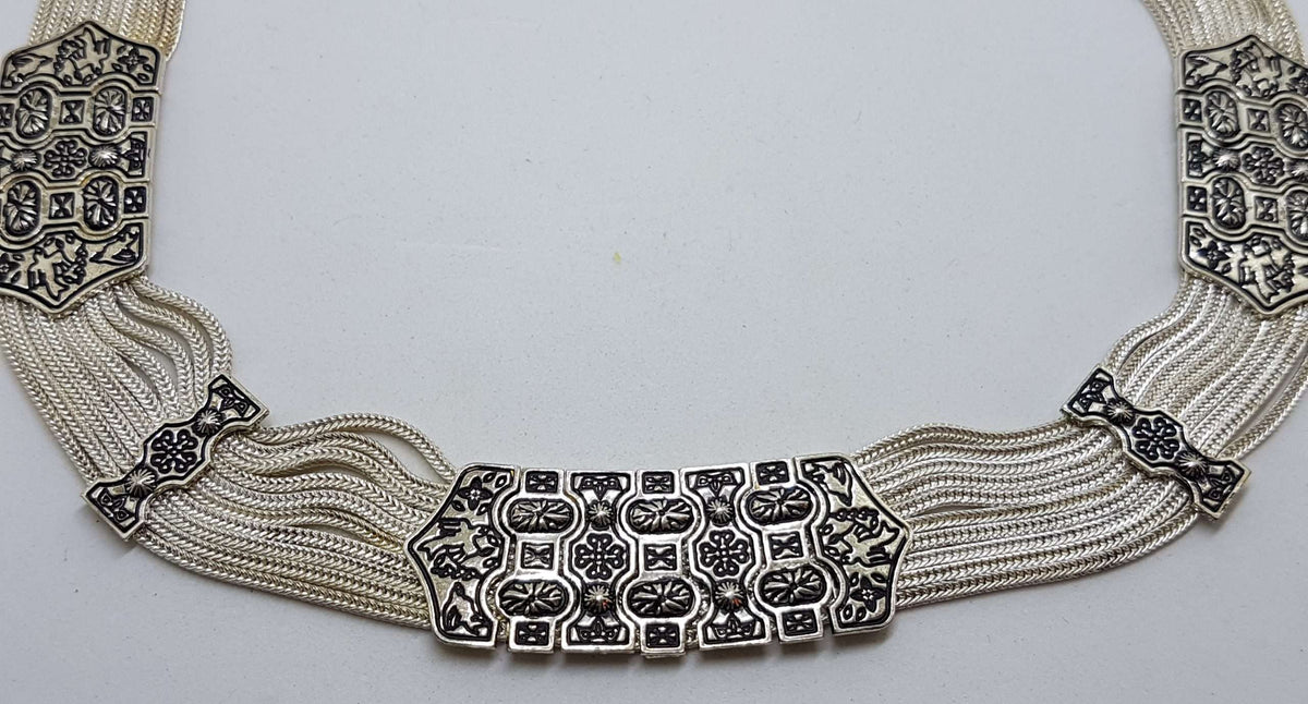 Sterling Silver Wide Multiple Chain with Ornate Design Collier Chain / Necklace - Turkish
