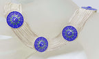 Sterling Silver Wide Multiple Chain with Round Coin Shape Medallions Collier Chain / Necklace - Blue and Green Enamel Ornate Design - Turkish