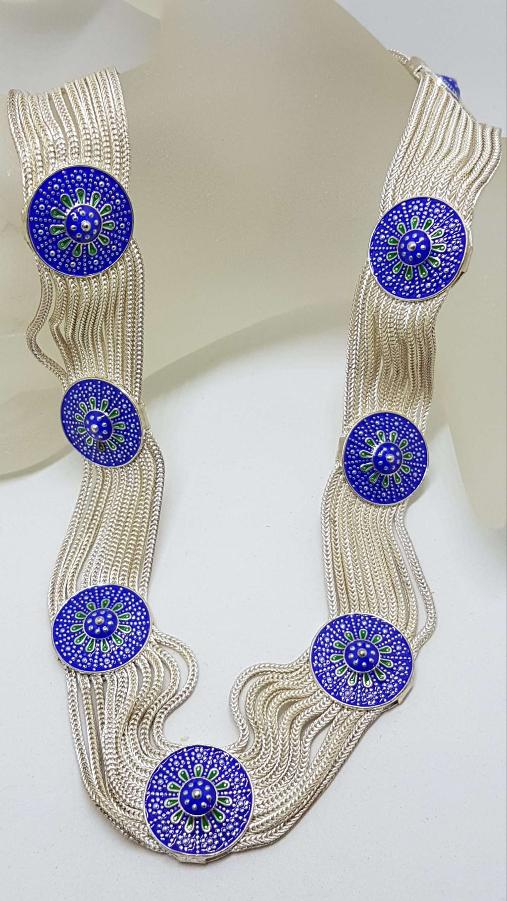 Sterling Silver Wide Multiple Chain with Round Coin Shape Medallions Collier Chain / Necklace - Blue and Green Enamel Ornate Design - Turkish