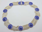 Sterling Silver Wide Multiple Chain with Round Coin Shape Medallions Collier Chain / Necklace - Blue and Green Enamel Ornate Design - Turkish