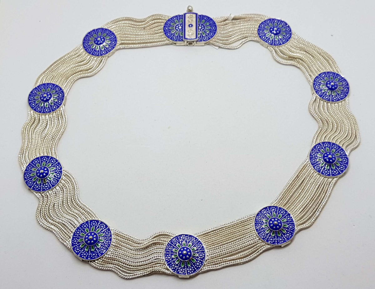 Sterling Silver Wide Multiple Chain with Round Coin Shape Medallions Collier Chain / Necklace - Blue and Green Enamel Ornate Design - Turkish