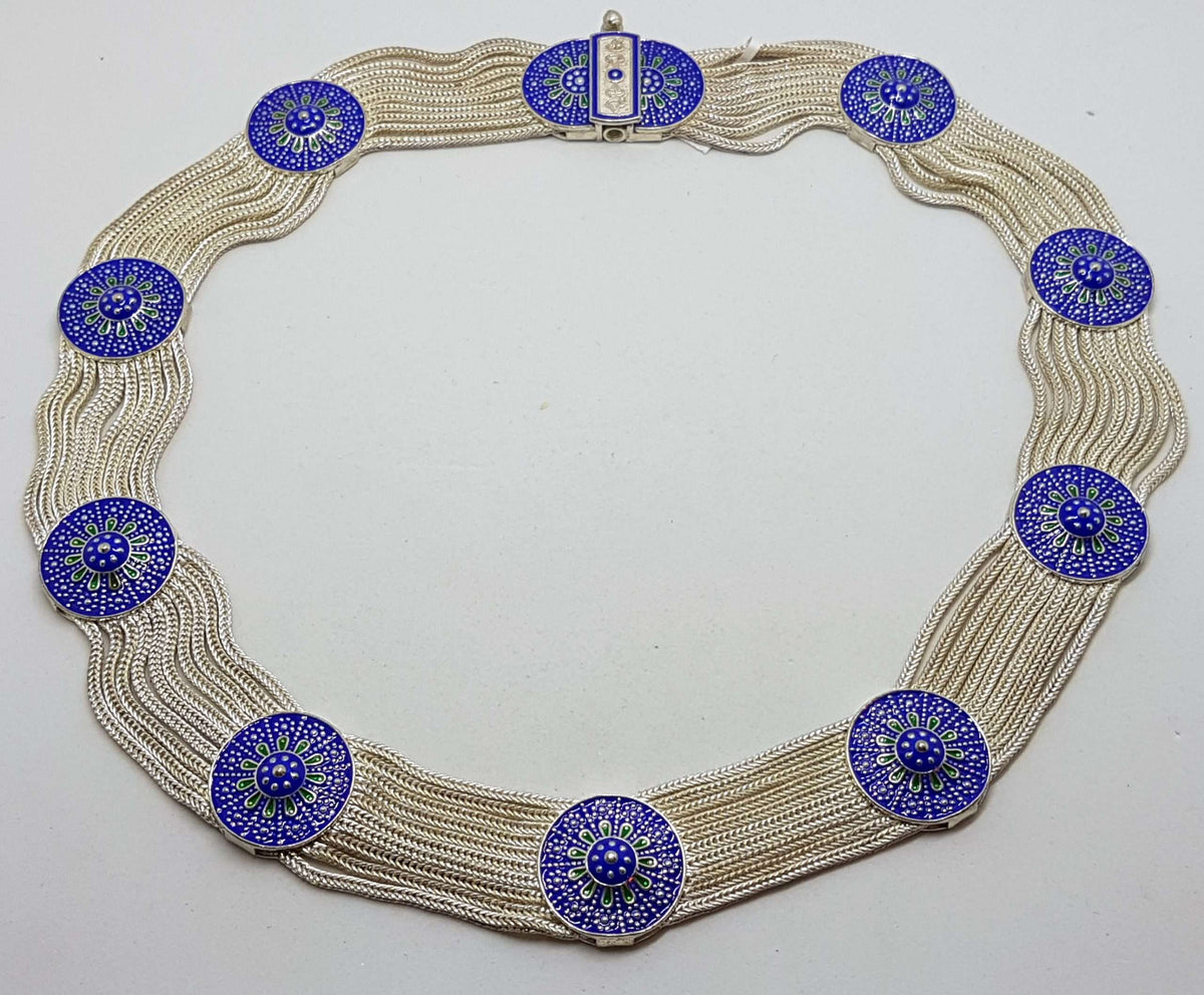 Sterling Silver Wide Multiple Chain with Round Coin Shape Medallions Collier Chain / Necklace - Blue and Green Enamel Ornate Design - Turkish