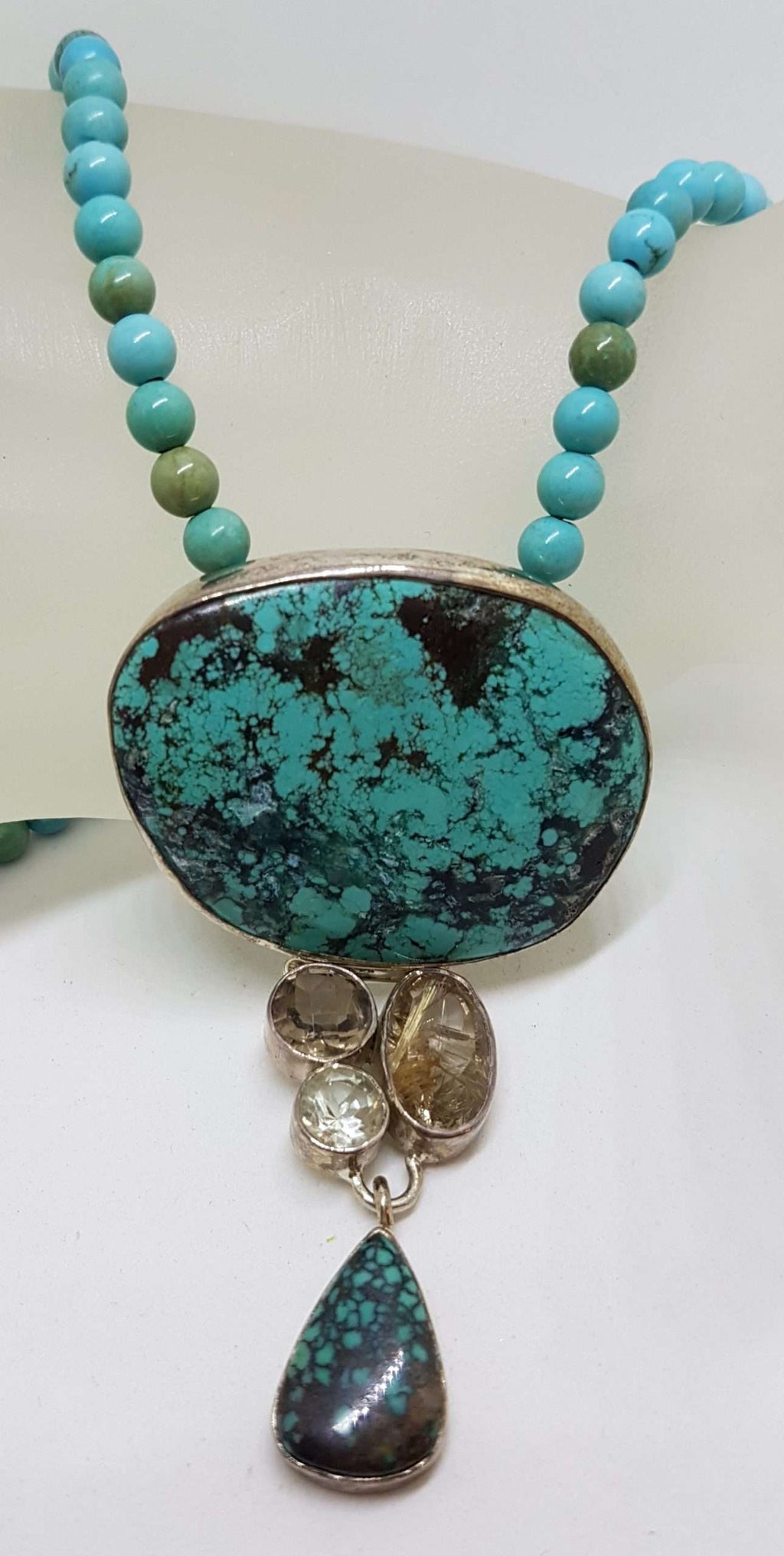 Sterling Silver Large Natural Turquoise with Smokey Quartz, Green Amethyst / Prasiolite and Rutilated Quartz Pendant on Turquoise Bead Chain / Necklace
