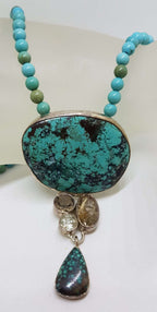 Sterling Silver Large Natural Turquoise with Smokey Quartz, Green Amethyst / Prasiolite and Rutilated Quartz Pendant on Turquoise Bead Chain / Necklace