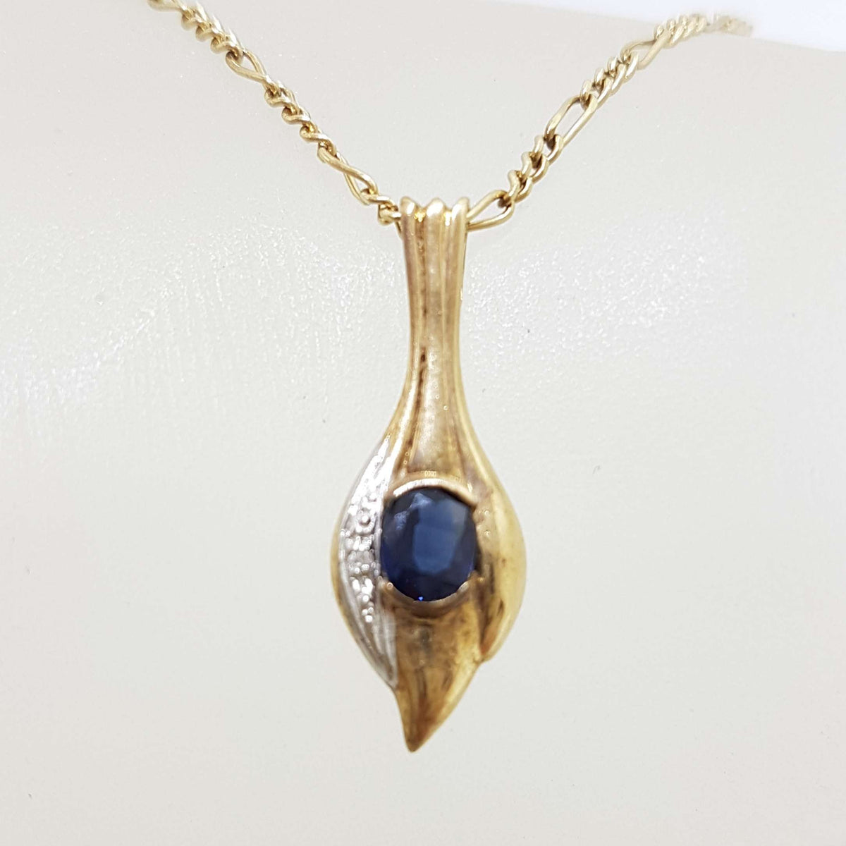 9ct Yellow Gold Sapphire &amp; Diamond Oval Long Pendant on Gold Chain