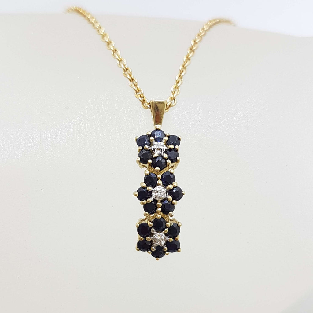9ct Yellow Gold Natural Sapphire &amp; Diamond Three Daisy Flower Drop Pendant on Gold Chain