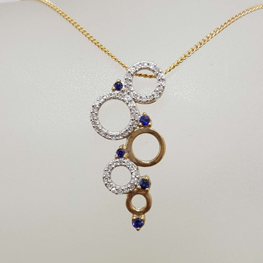 9ct Yellow Gold Sapphire &amp; Diamond Hoops / Rings / Circles Large Pendant on Gold Chain