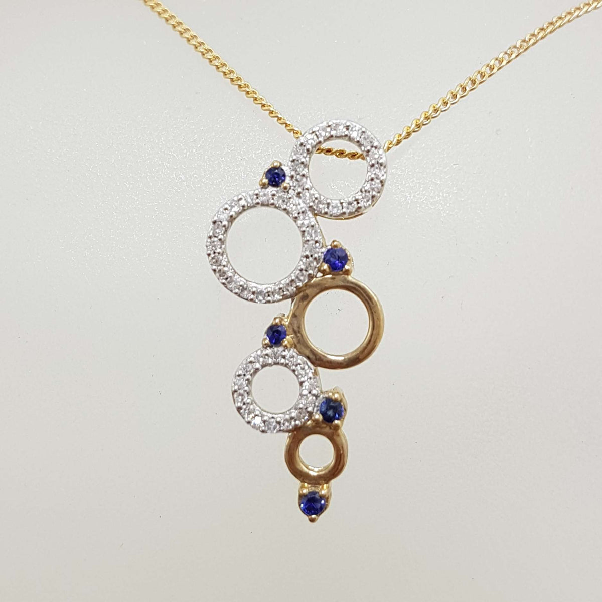 9ct Yellow Gold Sapphire &amp; Diamond Hoops / Rings / Circles Large Pendant on Gold Chain
