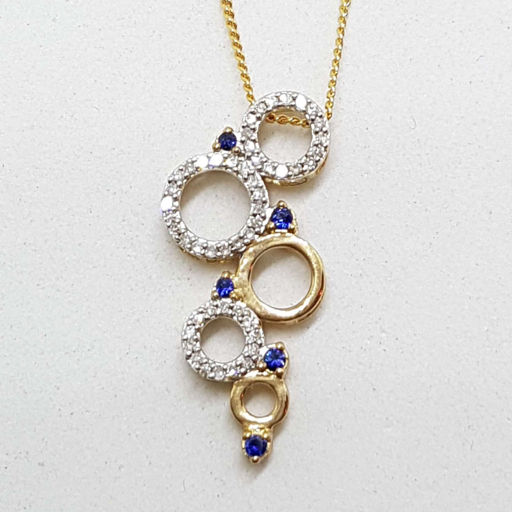 9ct Yellow Gold Sapphire &amp; Diamond Hoops / Rings / Circles Large Pendant on Gold Chain