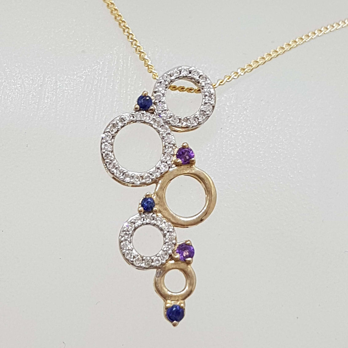 9ct Yellow Gold Sapphire, Diamond and Amethyst Pendant on 9ct Chain