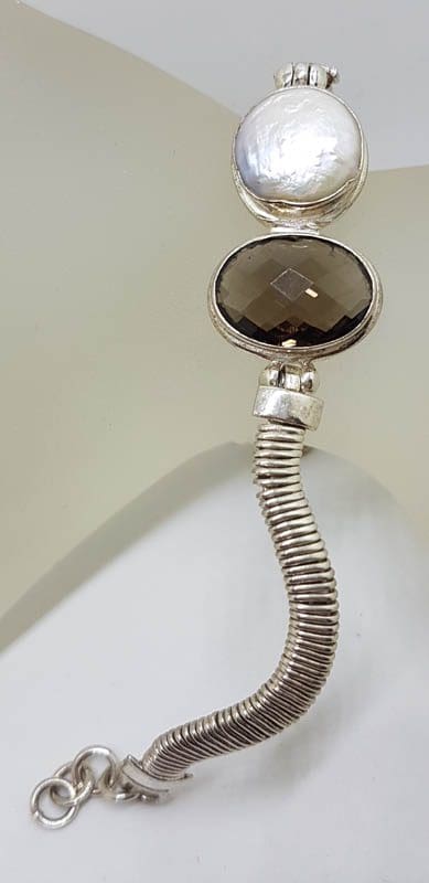 Sterling Silver Oval Smokey Quartz with Round Button Pearl Bracelet