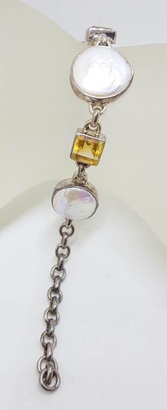 Sterling Silver Square Citrine with Round Button Pearl Bracelet