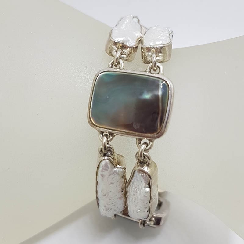 Sterling Silver Large Rectangular Black / Grey Mother of Pearl with Blister Pearl Bracelet