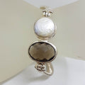 Sterling Silver Oval Smokey Quartz with Round Button Pearl Bracelet