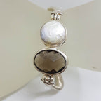 Sterling Silver Oval Smokey Quartz with Round Button Pearl Bracelet
