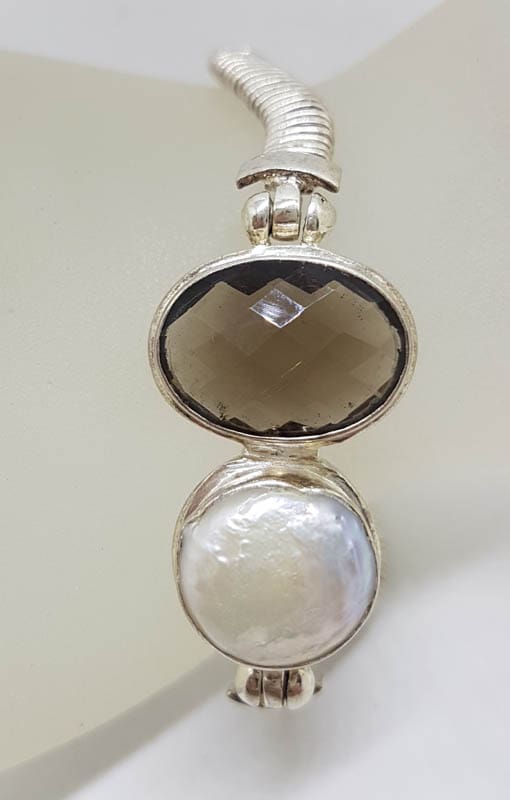 Sterling Silver Oval Smokey Quartz with Round Button Pearl Bracelet