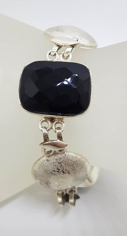 Sterling Silver Faceted Onyx with Matte Finish Circles Bracelet