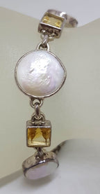 Sterling Silver Square Citrine with Round Button Pearl Bracelet