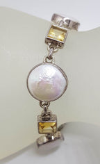 Sterling Silver Square Citrine with Round Button Pearl Bracelet