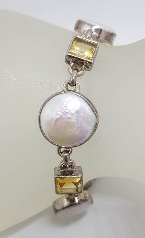 Sterling Silver Square Citrine with Round Button Pearl Bracelet