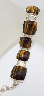 Sterling Silver Large Wide Square Faceted Tiger Eye Bracelet