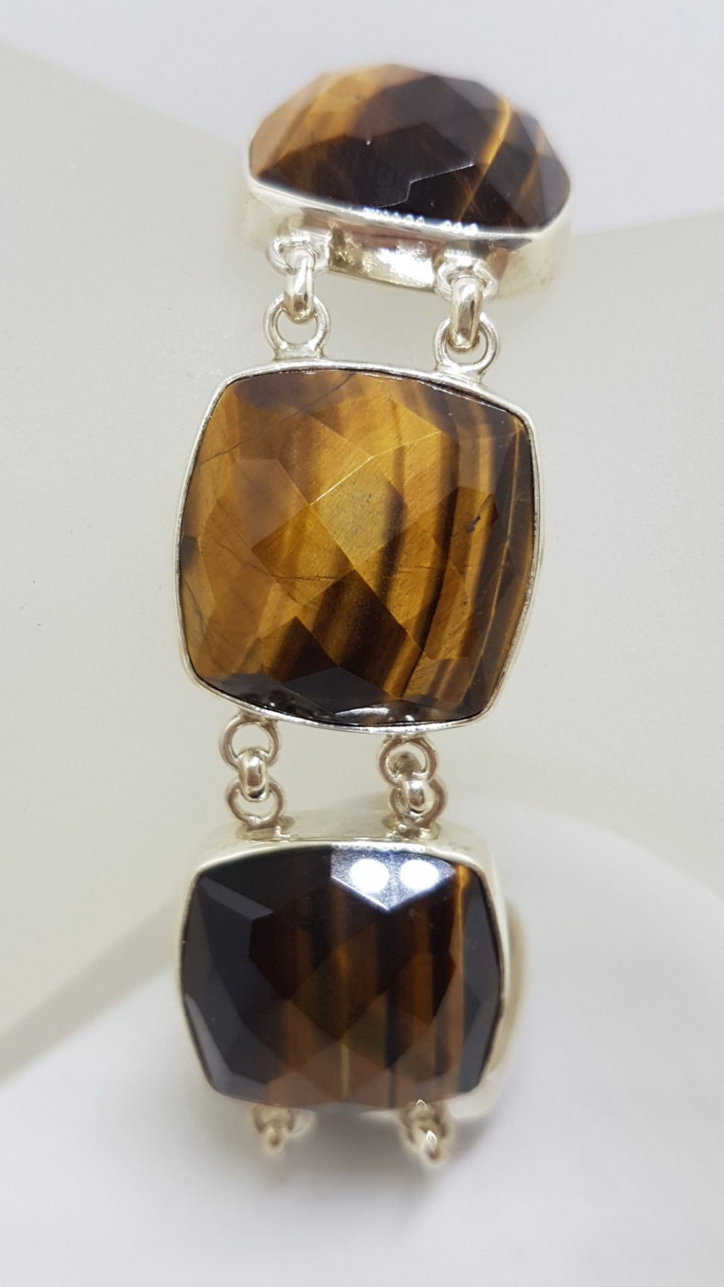 Sterling Silver Large Wide Square Faceted Tiger Eye Bracelet