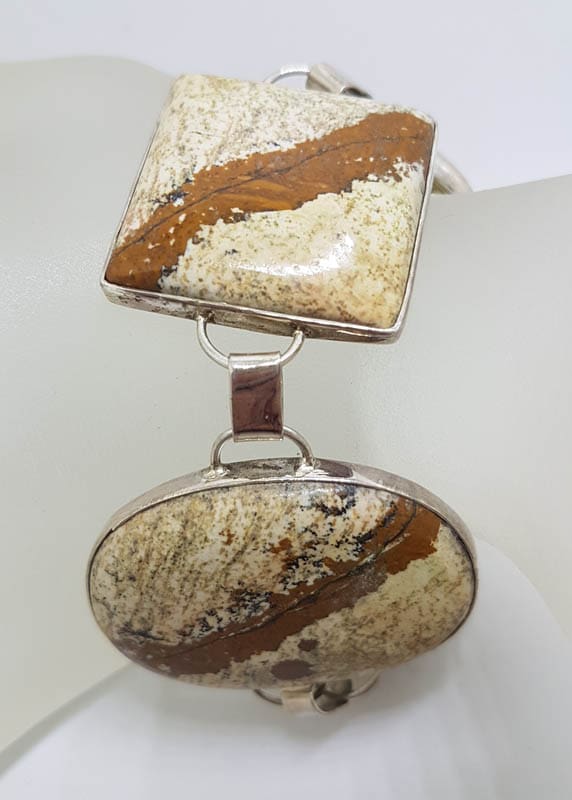 Sterling Silver Oval &amp; Square Picture Jasper Large Bracelet
