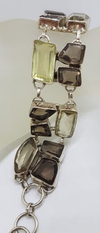 Sterling Silver Wide Lemon Citrine and Smokey Quartz Chunky Bracelet