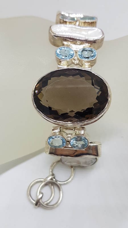 Sterling Silver Very Wide Blue Topaz, Blister Pearl and Smokey Quartz Bracelet