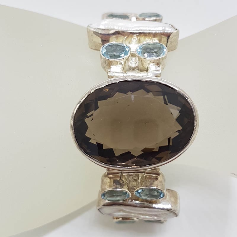 Sterling Silver Very Wide Blue Topaz, Blister Pearl and Smokey Quartz Bracelet