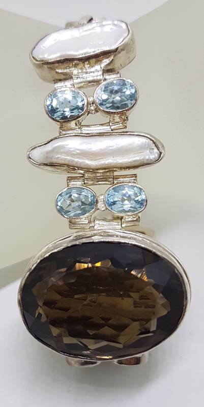 Sterling Silver Very Wide Blue Topaz, Blister Pearl and Smokey Quartz Bracelet