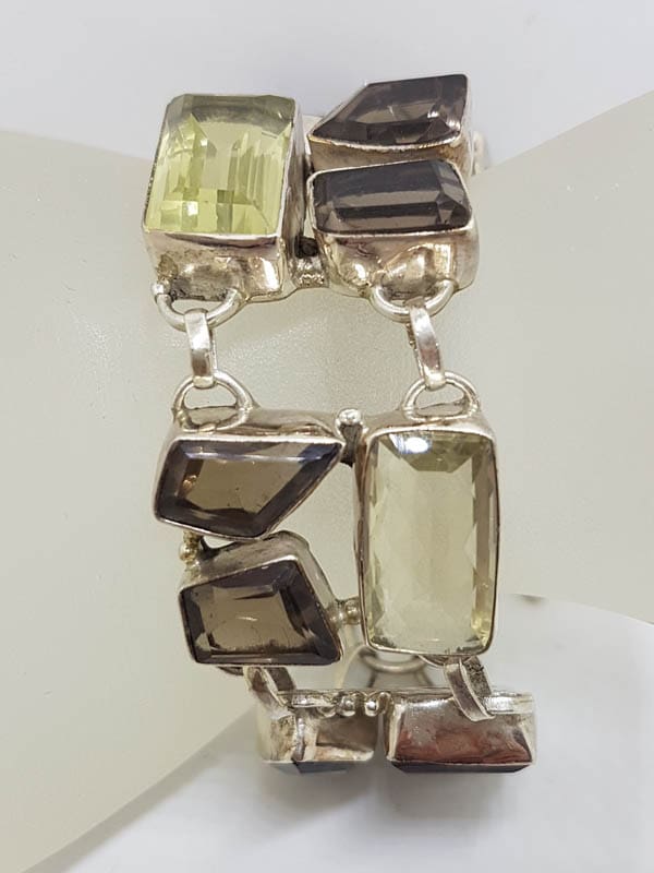 Sterling Silver Wide Lemon Citrine and Smokey Quartz Chunky Bracelet
