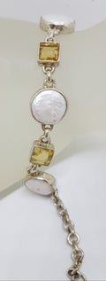 Sterling Silver Square Citrine with Round Button Pearl Bracelet