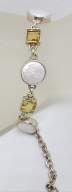 Sterling Silver Square Citrine with Round Button Pearl Bracelet