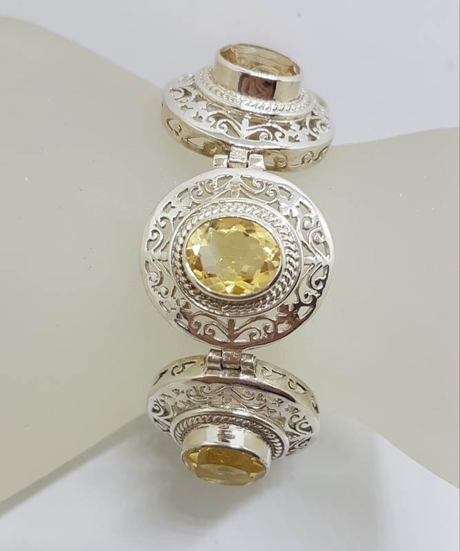 Sterling Silver Large / Wide Ornate Filigree Oval Citrine Bracelet
