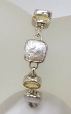 Sterling Silver Oval Citrine with Square Pearl Bracelet