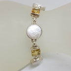 Sterling Silver Square Citrine with Round Button Pearl Bracelet