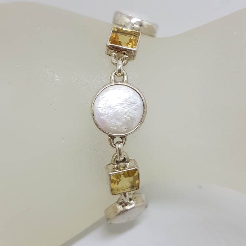 Sterling Silver Square Citrine with Round Button Pearl Bracelet