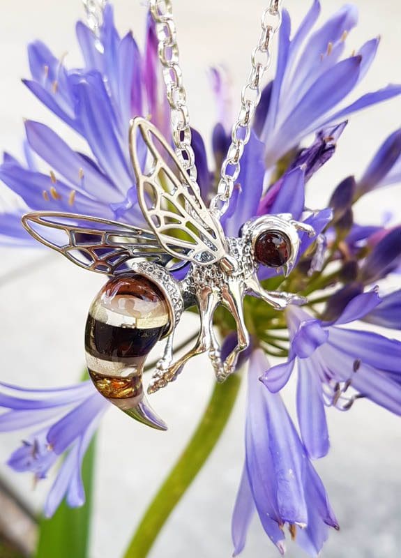 Sterling Silver Large Natural Baltic Amber Bee / Wasp Pendant on Silver Chain