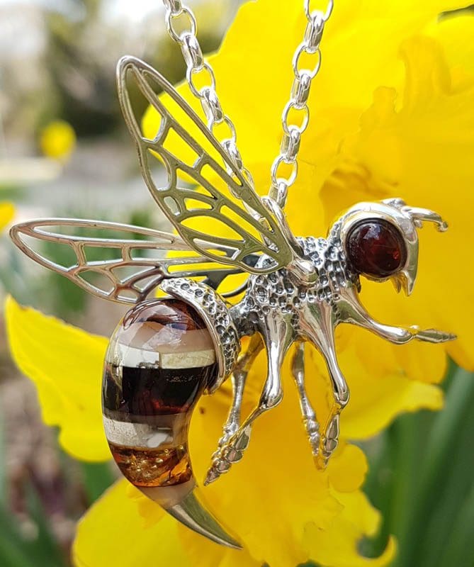 Sterling Silver Large Natural Baltic Amber Bee / Wasp Pendant on Silver Chain