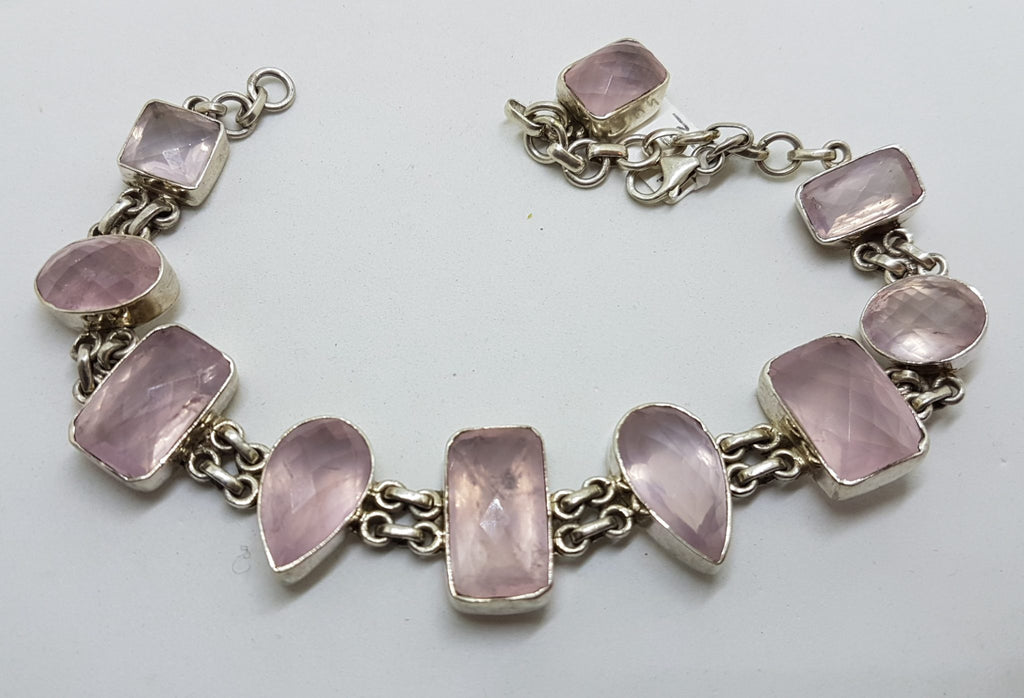 Sterling Silver Mixed Shapes Large &amp; Chunky Rose Quartz Bracelet
