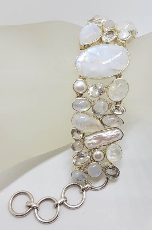 Sterling Silver Large / Wide Moonstone, Pearl, Clear Crystal Quartz Chunky Cluster Bracelet
