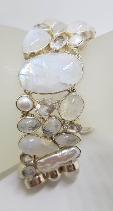 Sterling Silver Large / Wide Moonstone, Pearl, Clear Crystal Quartz Chunky Cluster Bracelet