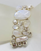 Sterling Silver Large / Wide Moonstone, Pearl, Clear Crystal Quartz Chunky Cluster Bracelet