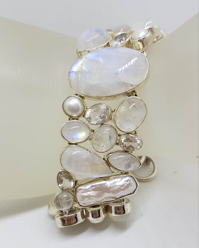 Sterling Silver Large / Wide Moonstone, Pearl, Clear Crystal Quartz Chunky Cluster Bracelet