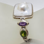 Sterling Silver Square Mabe Pearl, Peridot and Amethyst Bracelet