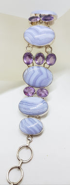 Sterling Silver Large Oval Blue Lace Agate with Amethyst Wide / Chunky Bracelet